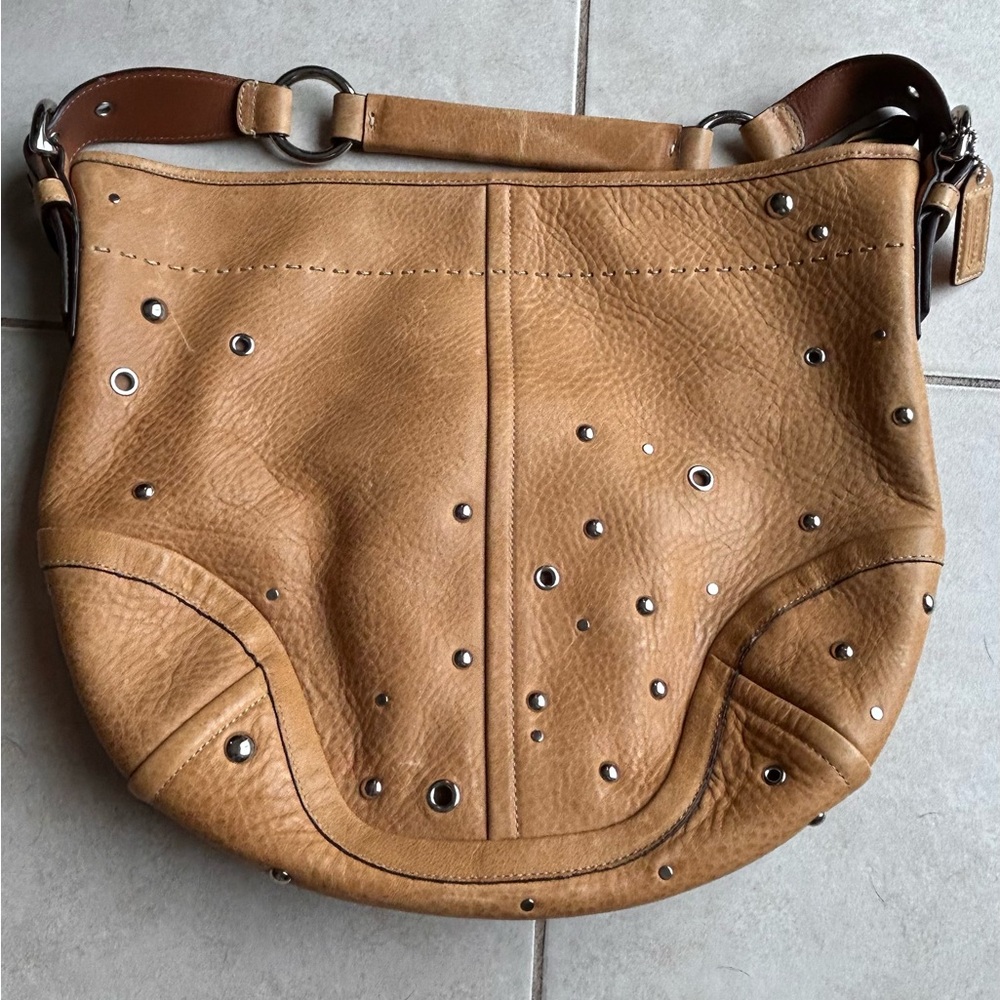 Coach Tan Leather Hobo Bag with Studs